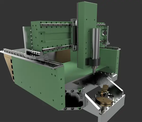 Early design iteration — gantry, linear guides and rotary table